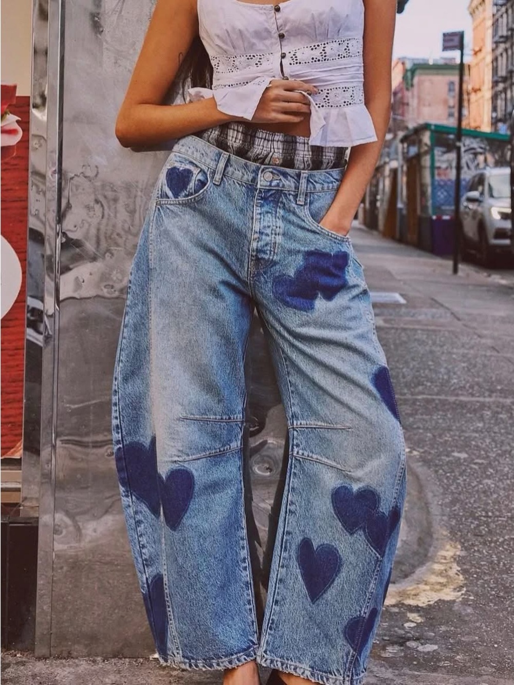 Heart Print Wide-Leg Women's Jeans - Blue